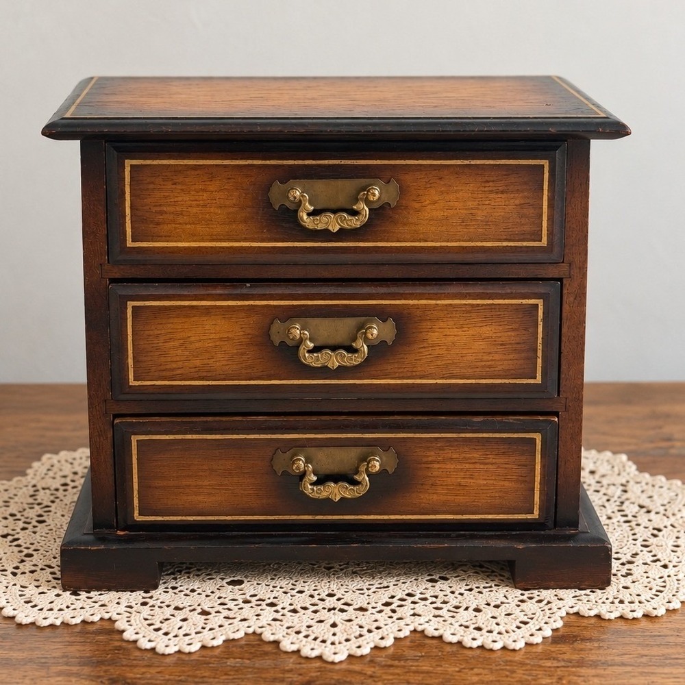 Vintage Japanese Musical Jewelry Box, 3 Drawer Wood Chest, Velvet Lined, Brass